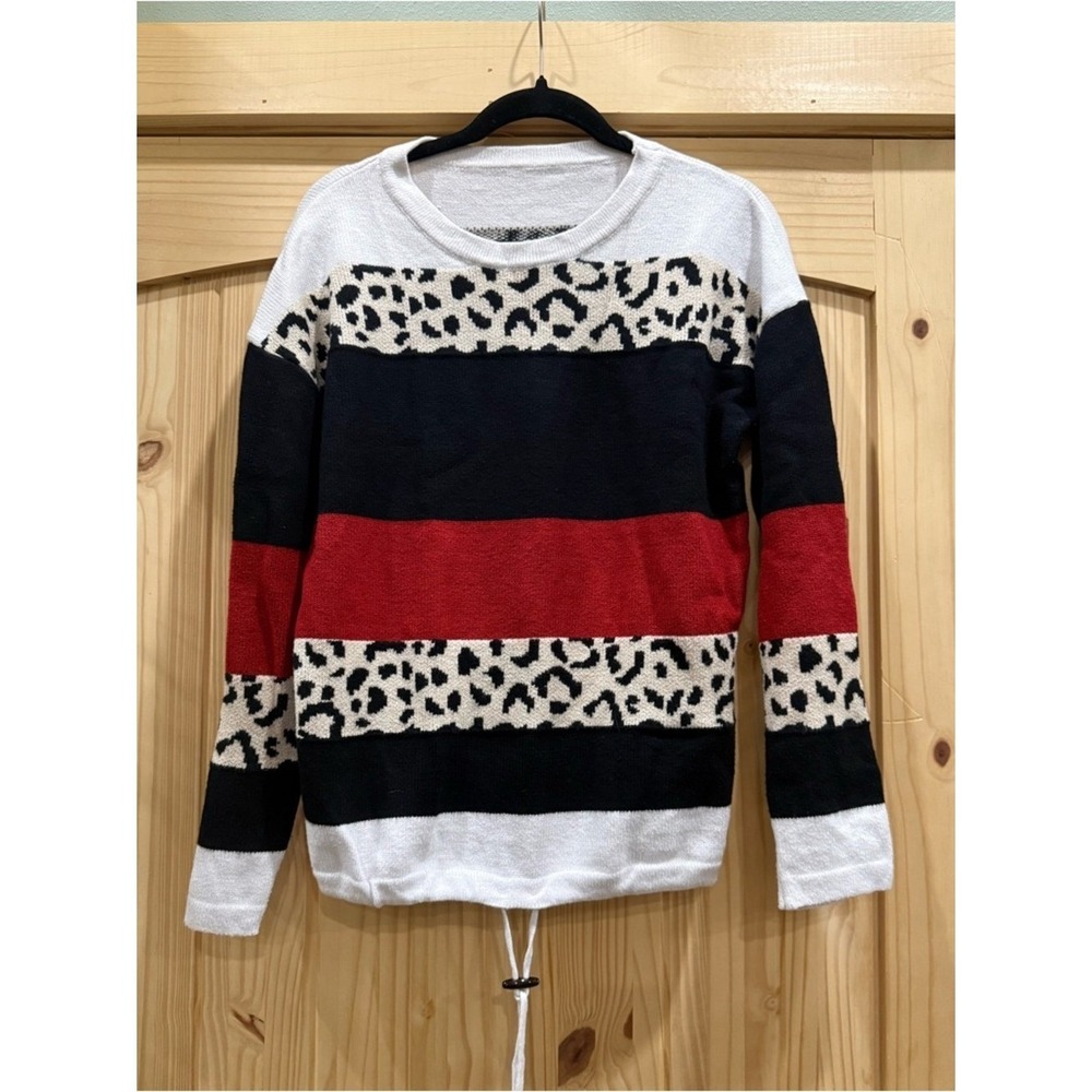 Leopard Print Colorblock Striped Drawstring Hem Sweater Large
